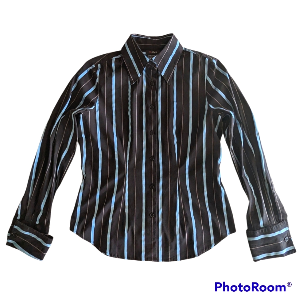 O.Shirt Button Up Blouse Women's Sz 10 Beautiful Blue Striped Shirt Fitted Cuffs